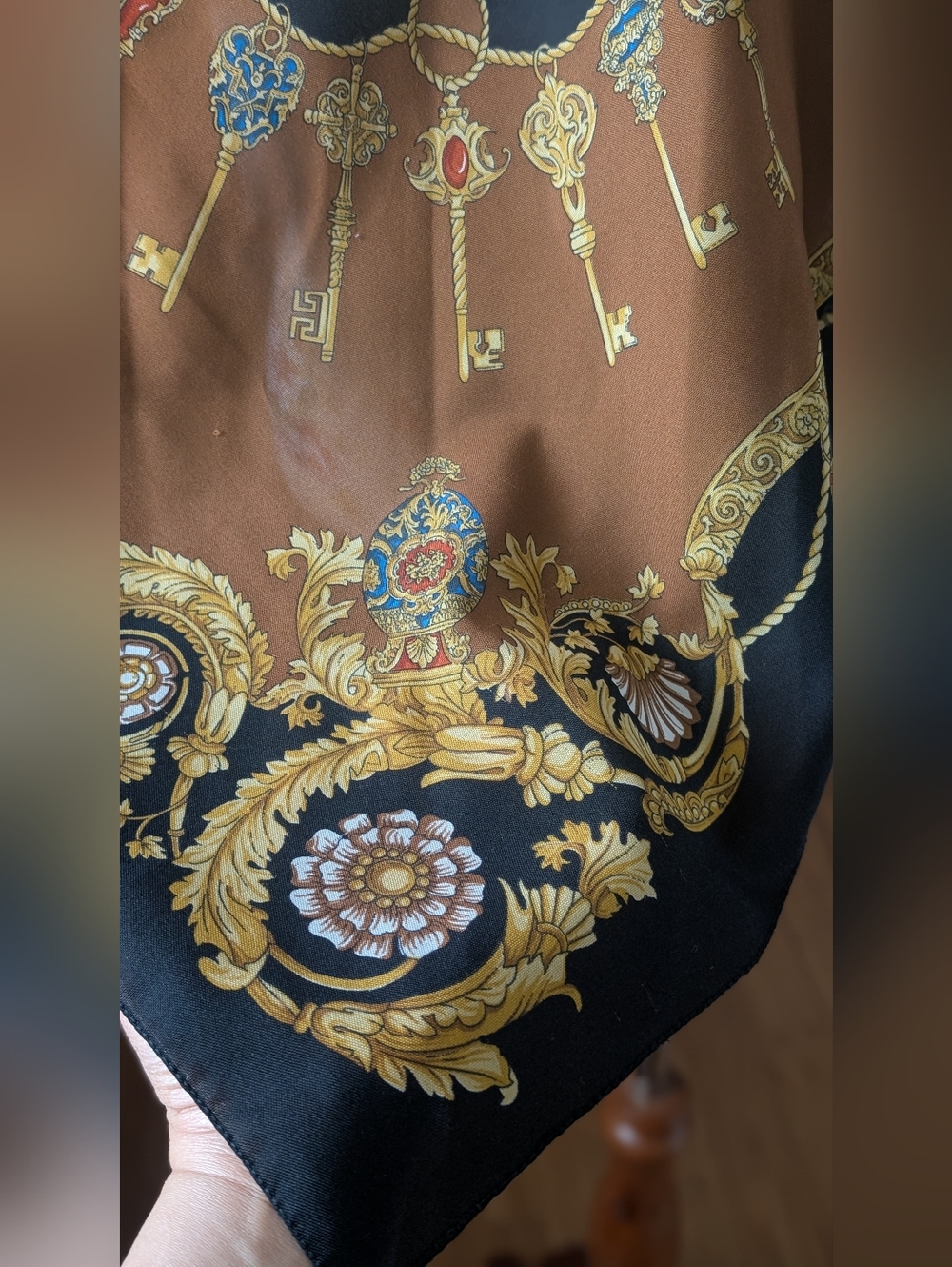 Castellani Vintage Elegant Black and Brown Baroque Print Silk Scarf - Picture 6 of 8